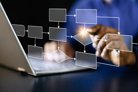 Young African American businessman implementing hologram technology for online workflow management...