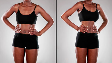 Transformation: From Obesity to Abdominoplasty - Witness the incredible journey of an African American woman achieving a fit and healthy body.の写真素材