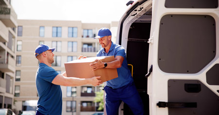 Skilled Movers in Action: Experienced Caucasian Men Loading Boxes into Delivery Truck for Efficient Relocation Services. Teamwork and Professionalism Shown.の写真素材