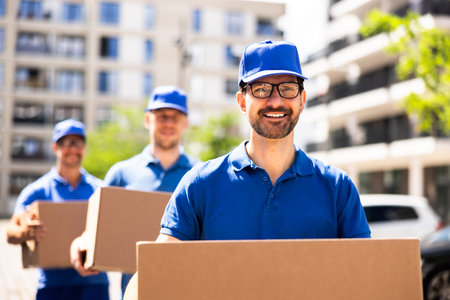 Professional Delivery Men Efficiently Transporting Cardboard Boxes in Front of Company Truck on Sunny Dayの写真素材