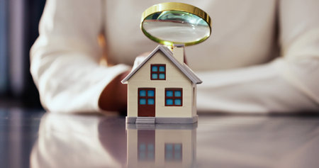 African-American Woman Inspecting House with Magnifying Glass for Real Estate Appraisal and Tax Assessment on Laptopの写真素材