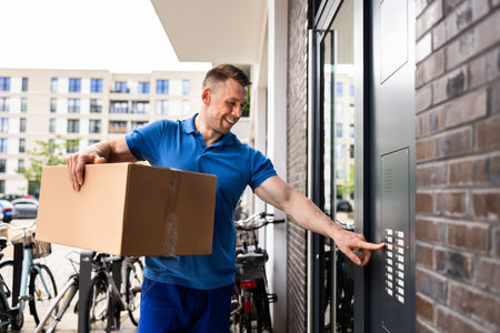 The Professional Courier Utilizing Advanced Intercom System for Secure Deliveries at Building...