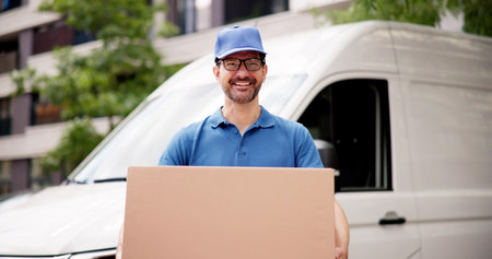 Experienced Mover Smiling While Carrying Boxes From Commercial Van, Exemplifying Logistics and Distribution Expertise in Warehouse Management Profession.の写真素材