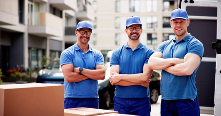Diverse team of professional movers delivering boxes for relocation service; uniformed workers and van representing moving company with efficiency.の写真素材