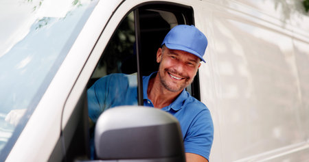 The Happy Delivery Man is Behind the Wheel of the Service Delivery Van, Making Efficient and On Time Deliveries.の写真素材