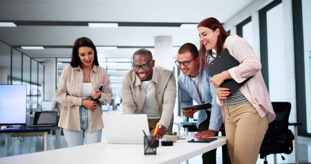 Teamwork Group Meeting At Business Workplace. Professional Employees With Laptop