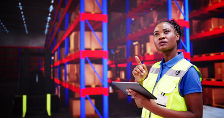 Osha Inspection Using Tablet. Inspecting Warehouse Inventory