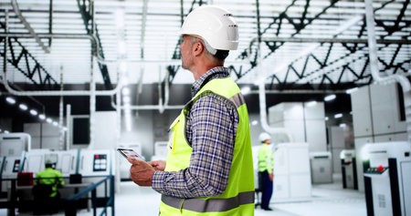 Inspection Engineer Worker At Construction Site Using Tablet