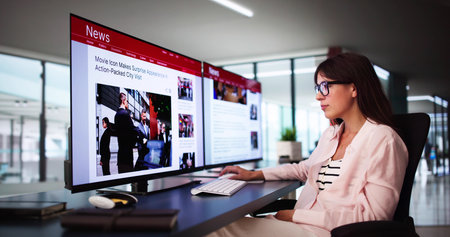 Woman Looking At News In Online Newspaper On Computer