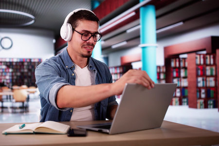 Male Student Studying With Computer Doing Research At Library