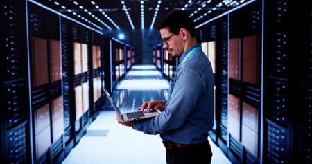 Happy Engineer In Data Center Server Room Configuring AI Technologyの写真素材