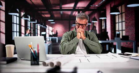 Spiritual Man Seeking Guidance From God Through Prayer In His Office, Reflecting On His Christian Faith.の写真素材