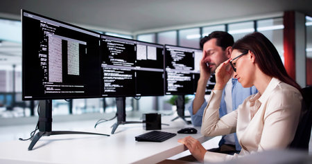 Unhappy Sad Developer Programmers In Stress Coding Software On Computer