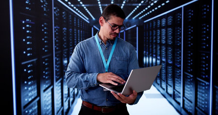 Server Room In Data Center. Cloud Computer Engineer Configuring AI Technology