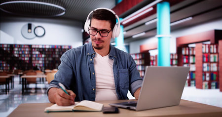 Male Student Studying With Computer Doing Research At Library