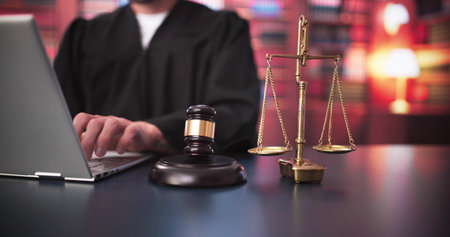Legal Court Technology. Law Trial Tech And Laptop