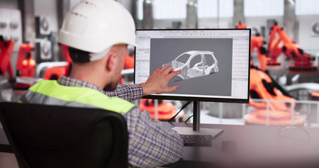 Industry Engineer Using Desktop PC Computer With CAD Software
