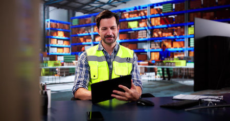 Warehouse Worker And Manager Checking Inventory In Warehouseの写真素材