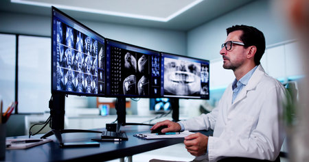 Doctor Screening Knee Bone X Ray On Computer