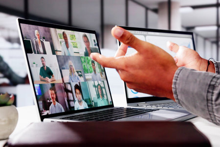 Virtual Telework Webinar And Learning Presentation. African Person Telecommute