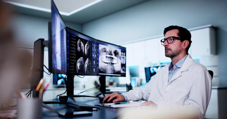 Doctor Screening Knee Bone X Ray On Computer
