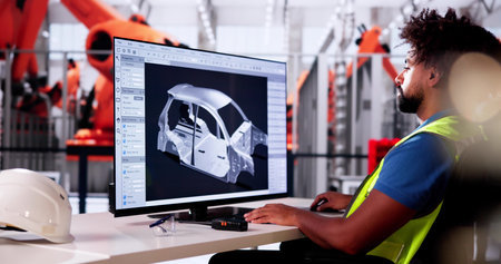 African American Engineer Using Computer In Electric Car Assembly Factory