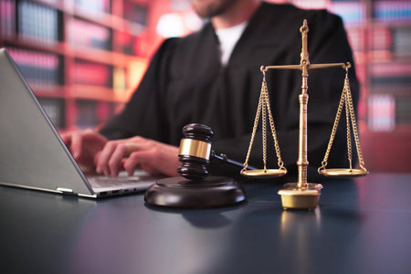 Legal Court Technology. Law Trial Tech And Laptop