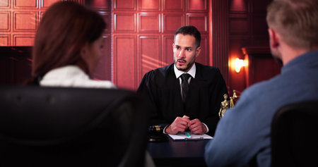 Family Divorce Court. Couple In Courtroom With Judge During Trialの写真素材