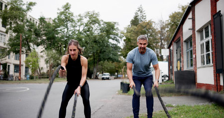 Active Couple Exercising Doing Rope Training Outside