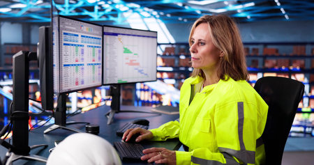 Warehouse Spreadsheets And Invoice On Computer. Female Business Manager