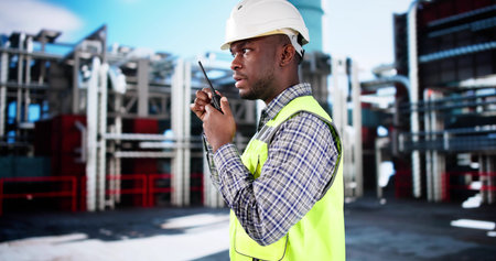 Oil And Gas Plant. Chemical Industry Worker With Walkie Talkie