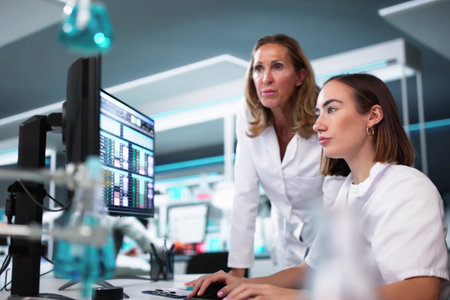 Female Scientist Doing Medical Research On Computer Screen