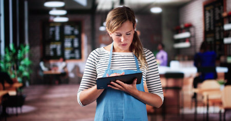 Restaurant Waiter With Tablet. Shop Owner With Vision