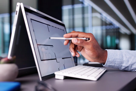 Analyzing House Floor Plan On Digital Tablet: African-American Architect Renovating Hybrid Property...