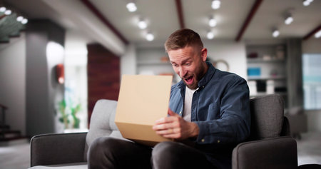 Man Receiving Parcel Or Delivery Package. Opening Gift