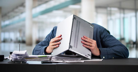 Young Handsome Young Businessman Seated At His Desk Behind His Laptop Computer Looking At The Camera