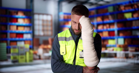 Injured Man With Broken Arm. Injured Warehouse Workerの写真素材