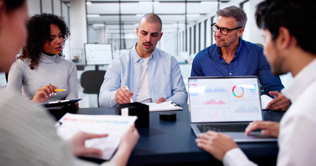 Predictive Business Analytics On Laptop Computer. Group Of Analysts