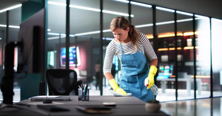 Janitor Cleaning Office Desk. Hygiene Cleaner Serviceの写真素材