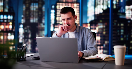 Contemplative Business Analyst With Laptop. Thoughtful Man Pondering