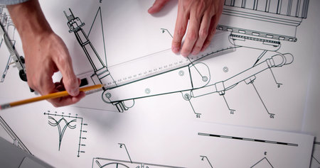 Design Industry And Development. Machine Blueprint At Factory. Scheme Document
