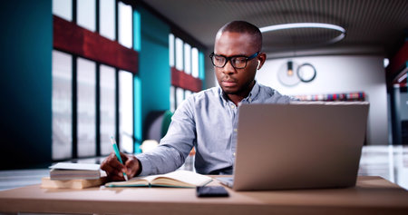 Male Student Studying With Computer Doing Research At Libraryの写真素材