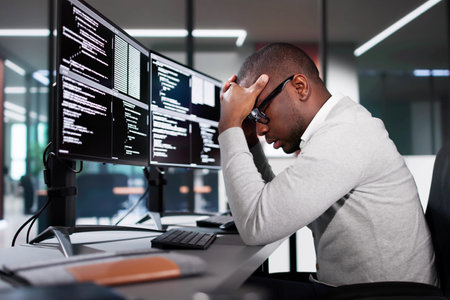 Unhappy Sad Developer Programmer Man In Stress Coding Software On Computerの写真素材