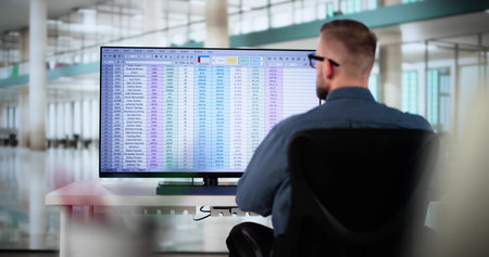 Calculating Electronic Medical Accounts And Codes In A Black Office Using A Spreadsheet On A Computer Screen.の写真素材