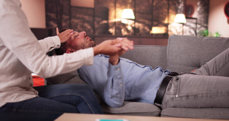 Hypnotherapy Psychotherapy Treatment. Man Hypnotized By Hypnotistの写真素材