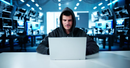 Cyber Security Risk. Thief Man Hacking Dataの写真素材