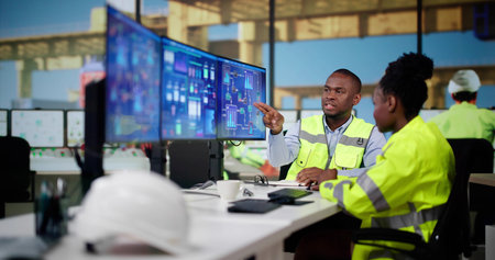 Automated Computer Technology At Industrial Plant. Checking Screensの写真素材