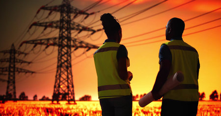 Electrician Workers Talking Near High Voltage Circuit Line Towerの写真素材