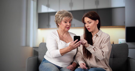 Teaching Tablet To Senior Woman. Assisting Mum