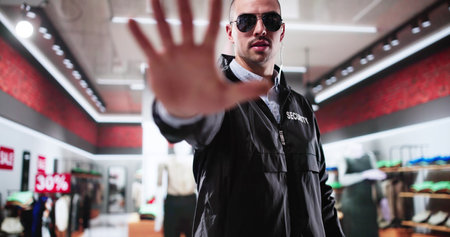 Mall Or Retail Store Security Guard Officer Making Stop Gesture